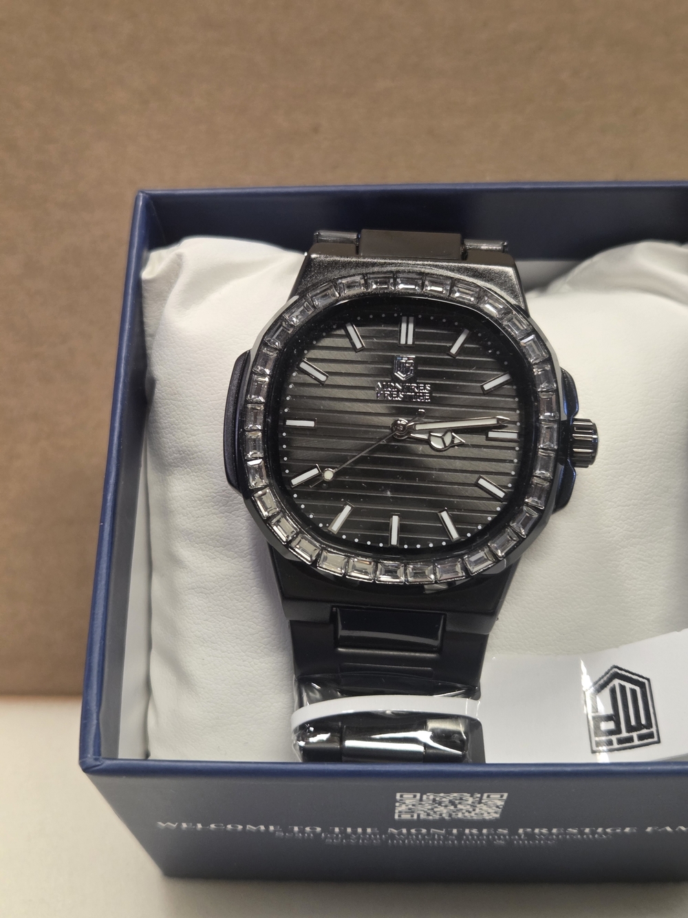 Montres Prestige #0361 Men's Black Stainless Steel Watch with Crystal Bezel